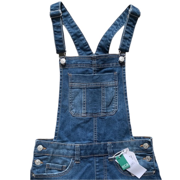 NWT Ardene Eco Repreve Recycled Halter Dungarees Overall Denim Jean Shorts - Picture 2 of 5